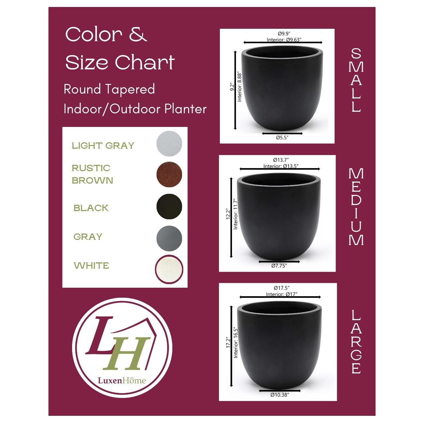 Jardinière ronde conique en MgO, pour l'intérieur et l'extérieur