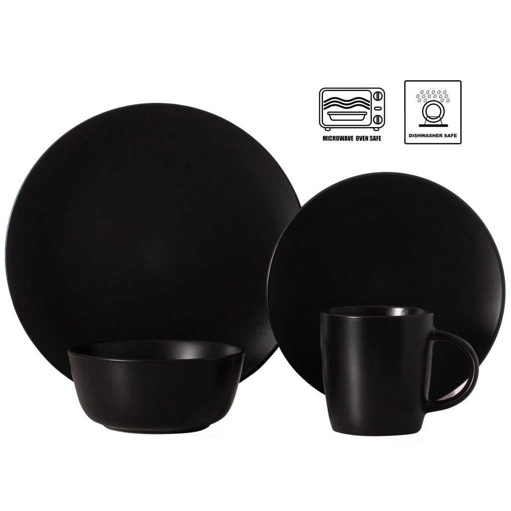 Service de table 16 pièces pour 4 personnes | Tasses, assiettes à salade, bols et saladiers, résistant aux éclats et aux fissures, noir mat