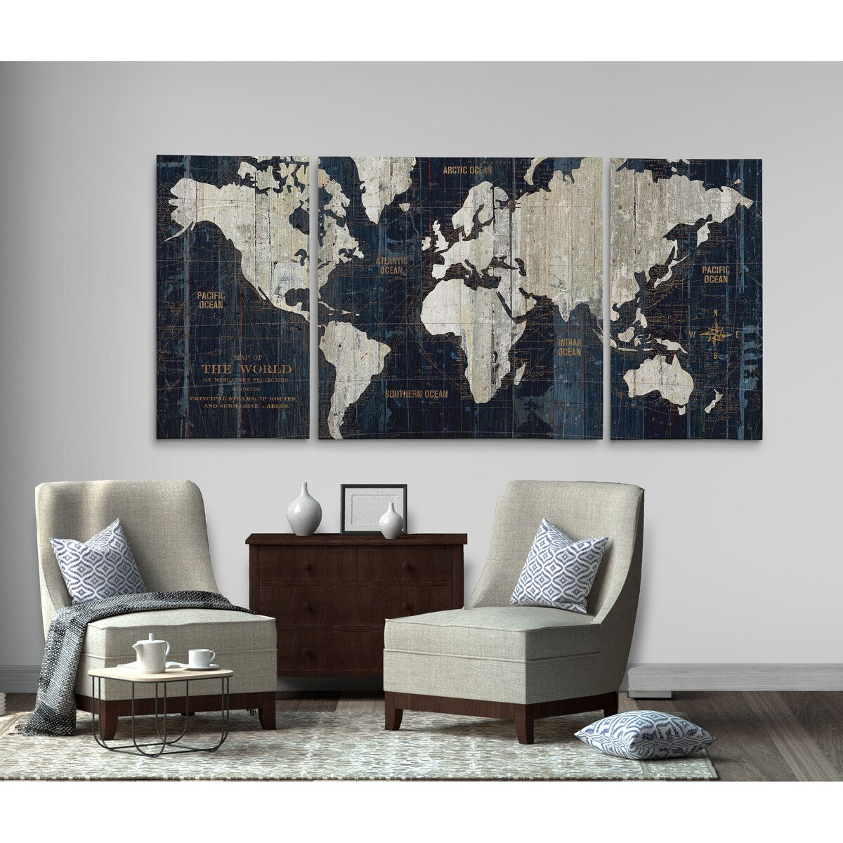 Ensemble d'impressions d'art graphique sur toile enveloppée « Old World Map Blue » en 3 pièces