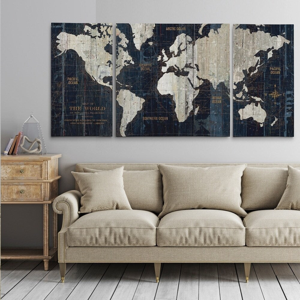 Ensemble d'impressions d'art graphique sur toile enveloppée « Old World Map Blue » en 3 pièces