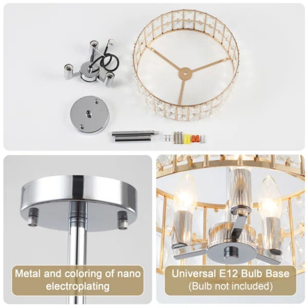 Plafonnier semi-encastré à 3 lumières en cristal pour salon et couloir