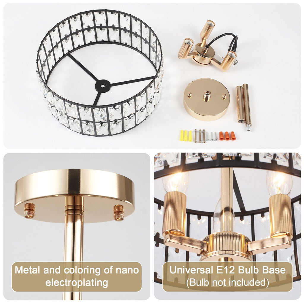 Plafonnier semi-encastré à 3 lumières en cristal pour salon et couloir