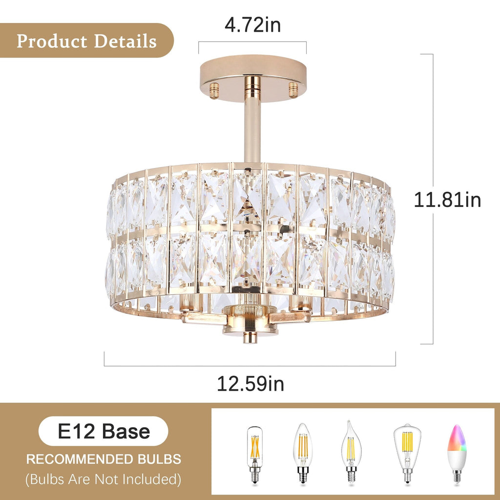 Plafonnier semi-encastré à 3 lumières en cristal pour salon et couloir