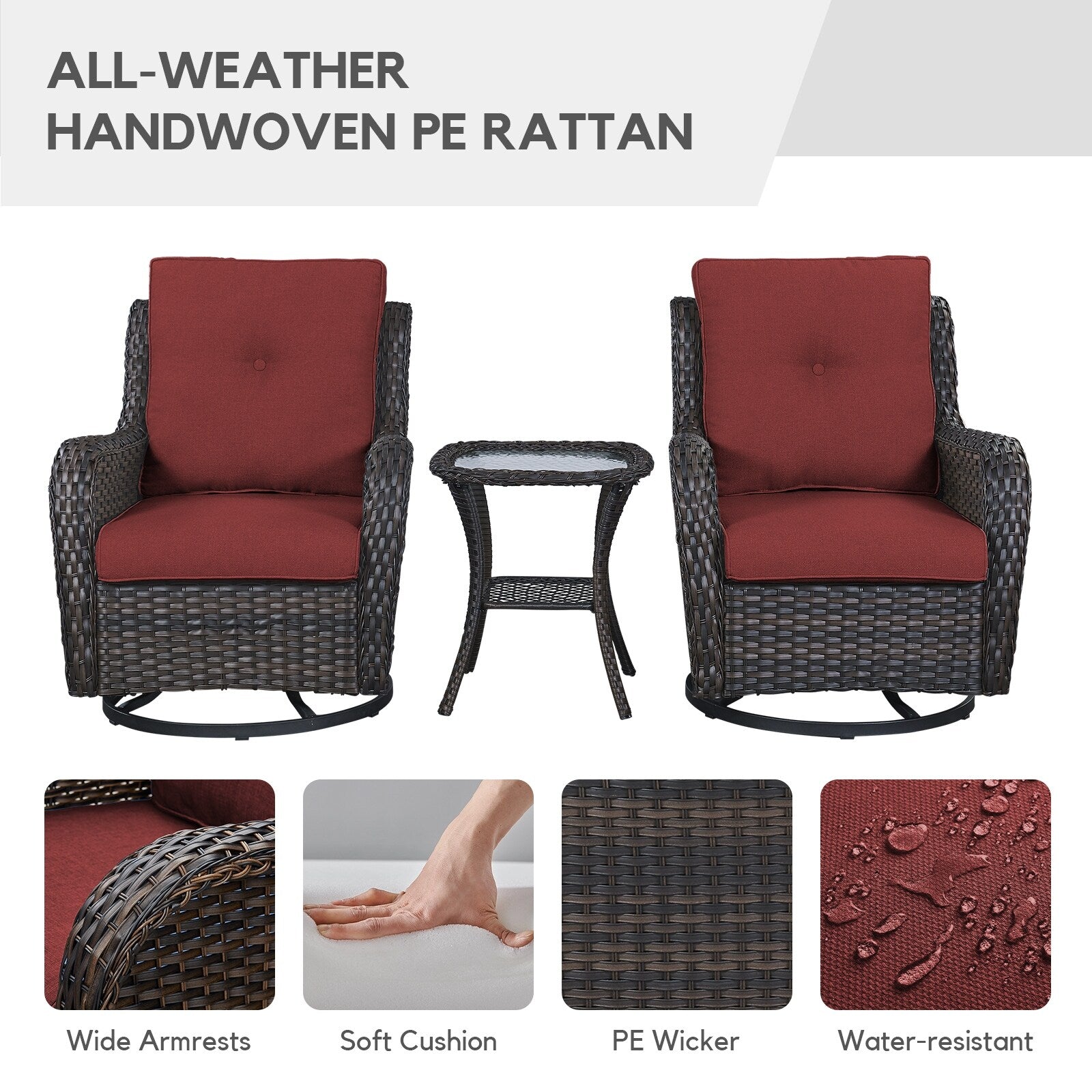 Fauteuil à bascule pivotant d'extérieur Gymojoy 3 pièces en osier avec coussin et table