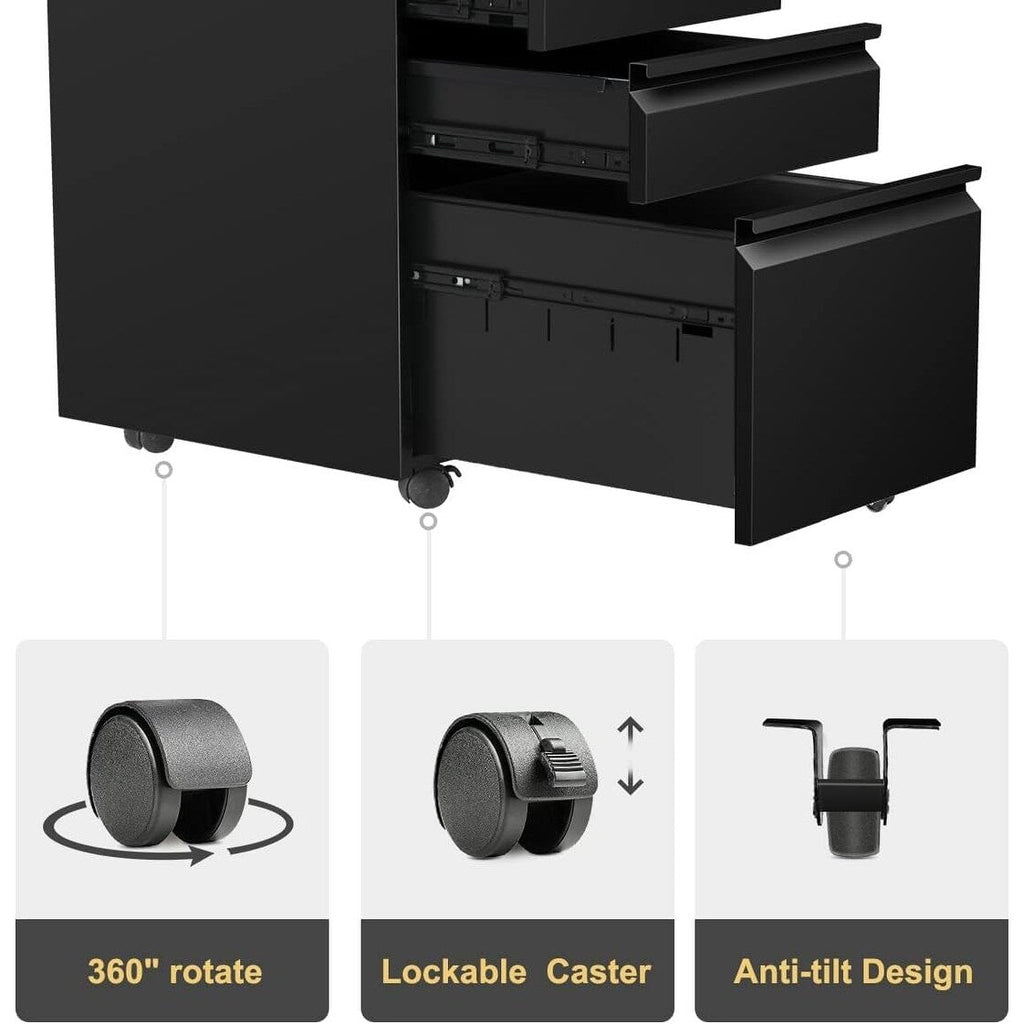 Classeur métallique verrouillable à 3 tiroirs pour bureau à domicile, armoire roulante entièrement assemblée