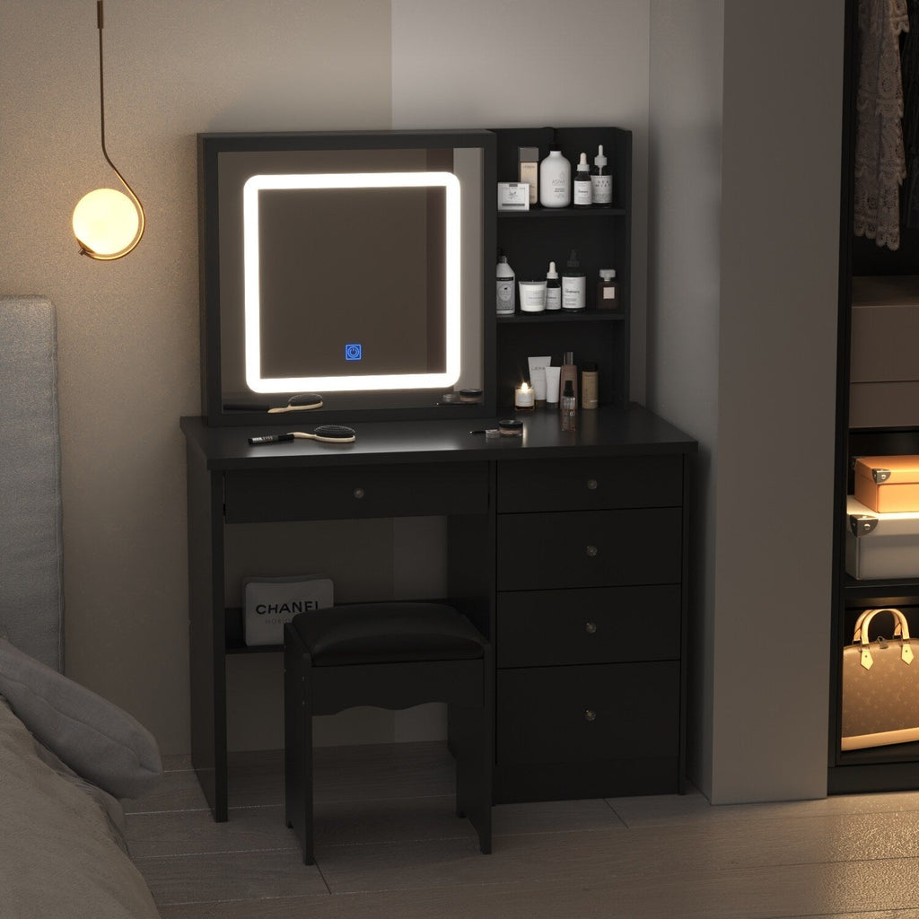 Ensemble de coiffeuse de maquillage de 39,4 po de large avec tabouret et miroir