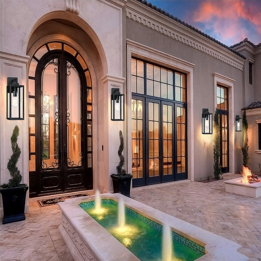 Lot de 4 appliques murales d'extérieur à 1 lampe avec finition noir mat et abat-jour en verre transparent