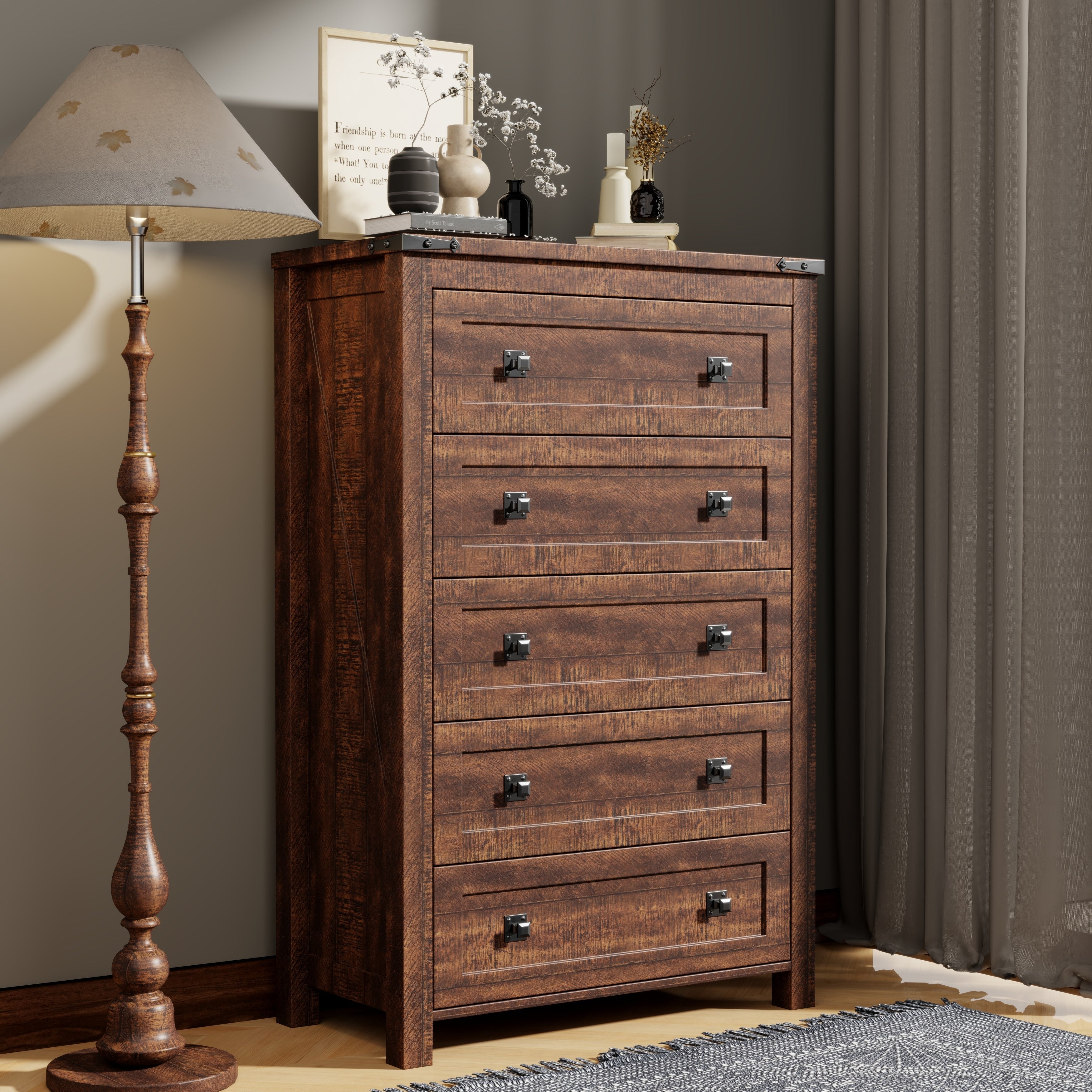 Commode haute en bois à 5 tiroirs de style ferme, commode pour chambre à coucher