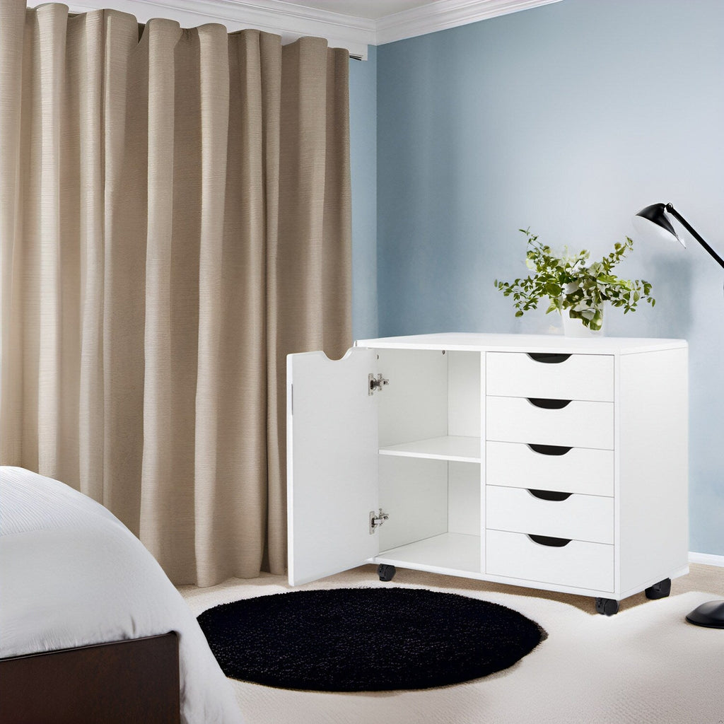 Commode de rangement en bois à 5 tiroirs avec roulettes - Organisateur d'artisanat et tiroir de maquillage pour placard et chambre