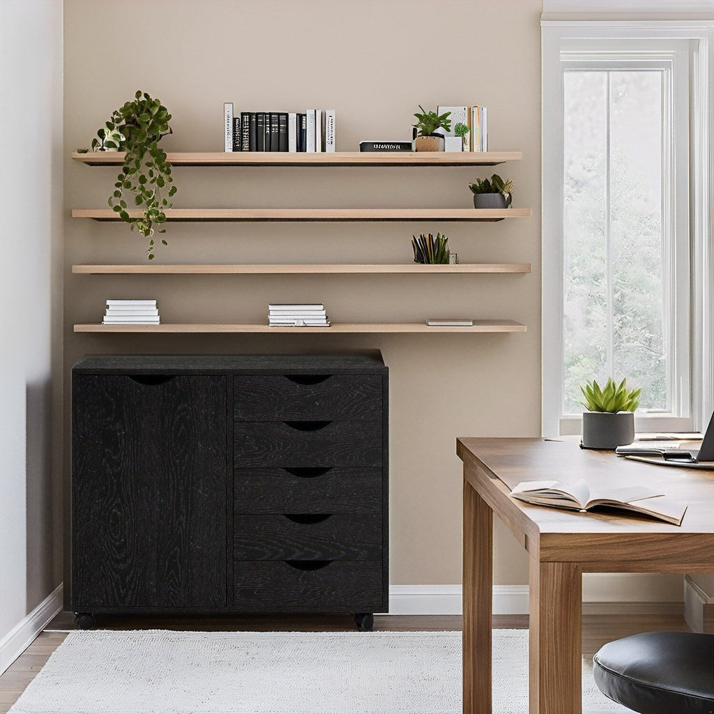 Commode de rangement en bois à 5 tiroirs avec roulettes - Organisateur d'artisanat et tiroir de maquillage pour placard et chambre