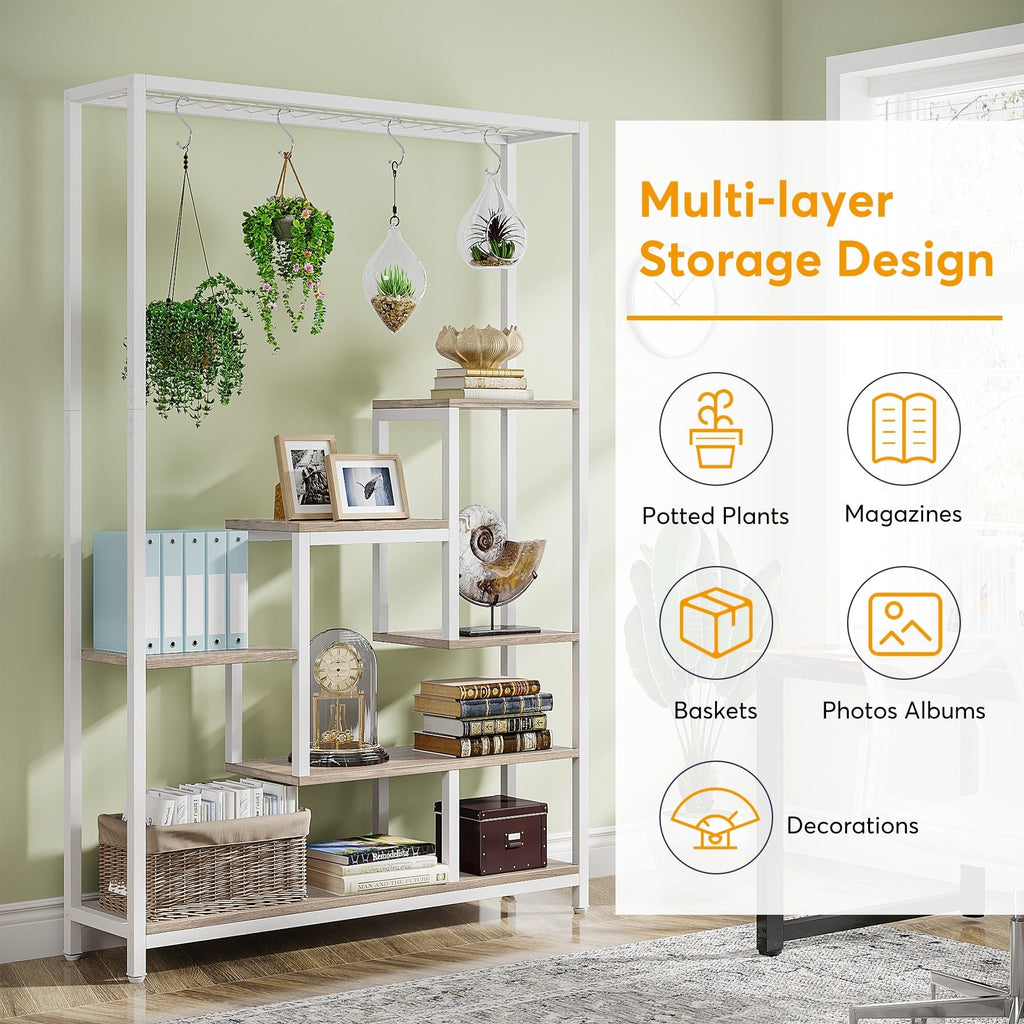 Support pour plantes d'intérieur haut à 5 niveaux, étagère pour plantes de 180 cm avec 10 crochets de suspension