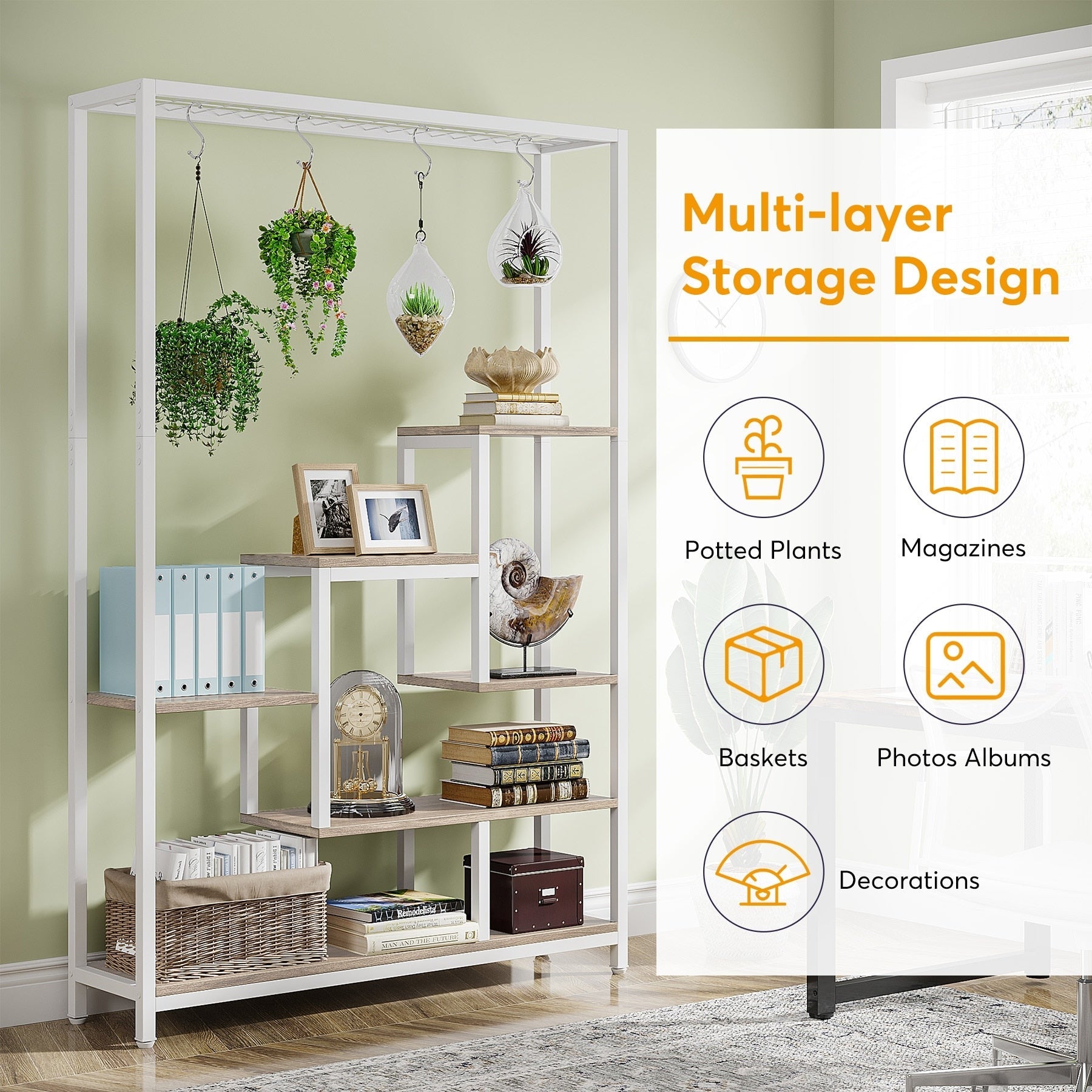Support pour plantes d'intérieur haut à 5 niveaux, étagère pour plantes de 180 cm avec 10 crochets de suspension