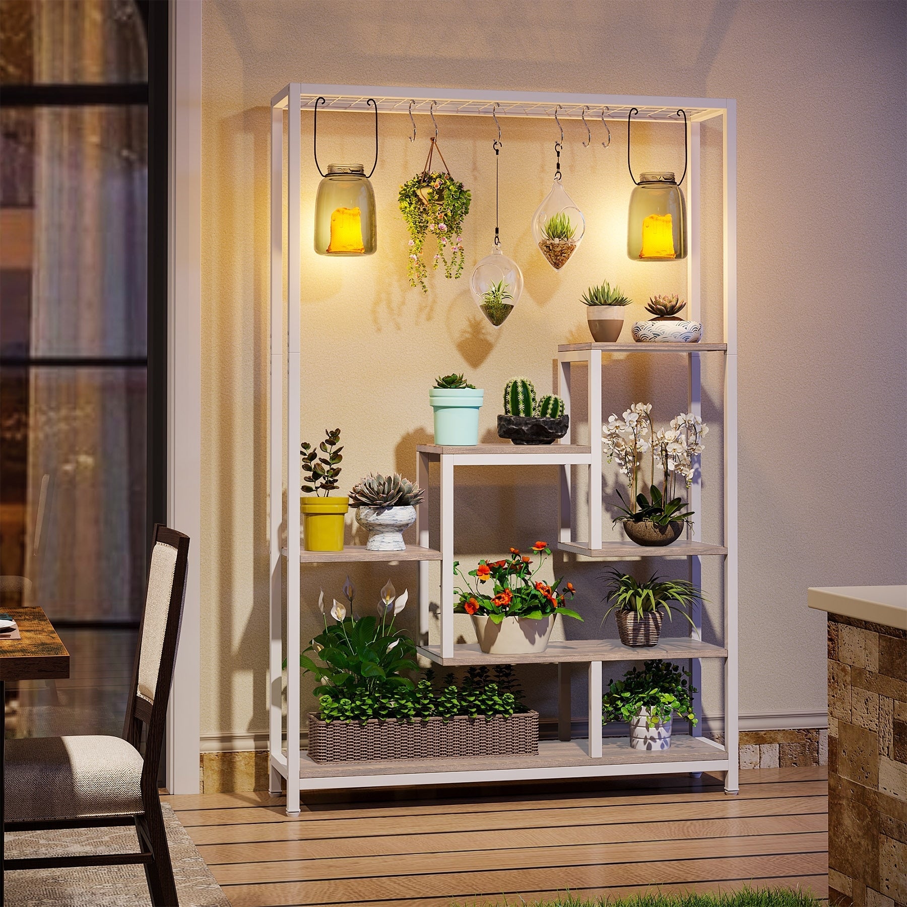 Support pour plantes d'intérieur haut à 5 niveaux, étagère pour plantes de 180 cm avec 10 crochets de suspension