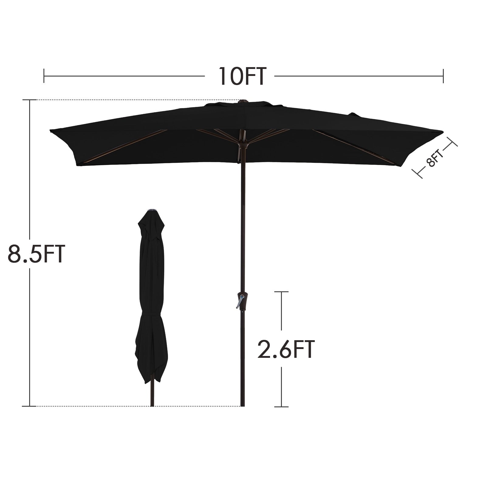 Parasol de marché rectangulaire de 8 x 10 pieds avec manivelle et inclinaison, résistant aux UV