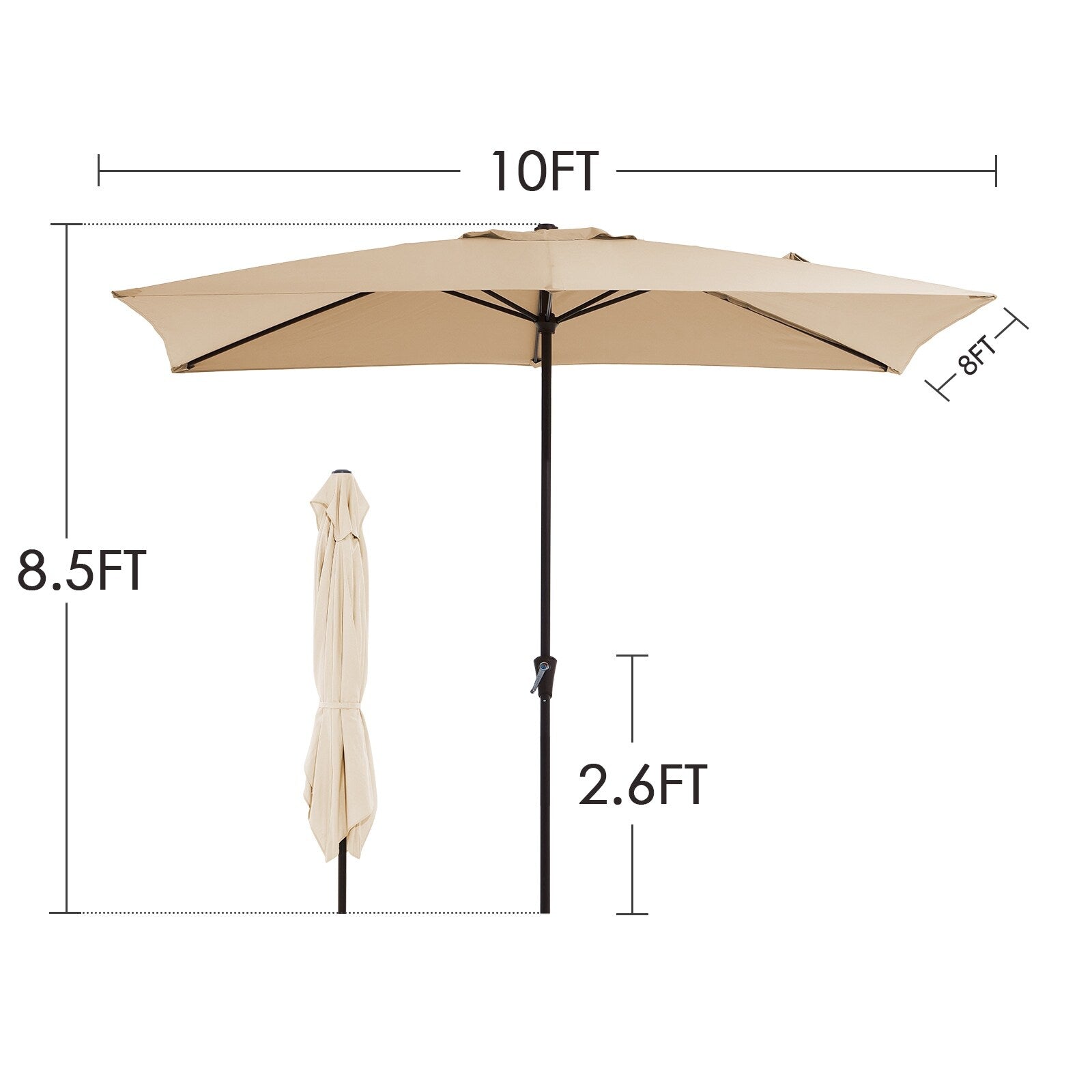 Parasol de marché rectangulaire de 8 x 10 pieds avec manivelle et inclinaison, résistant aux UV