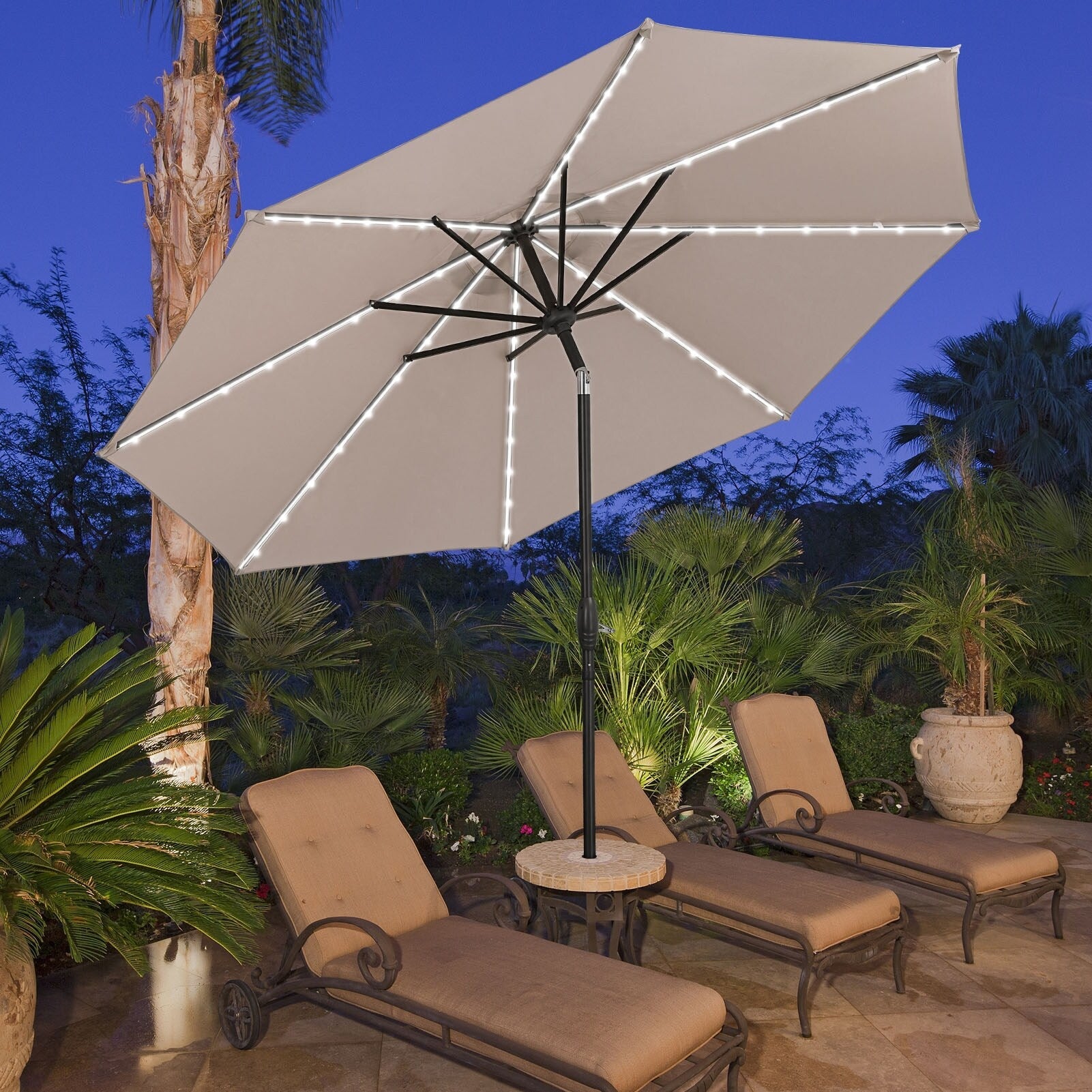 Parasol de patio Ainfox de 10 pieds avec lumières Parasol solaire d'extérieur sans base
