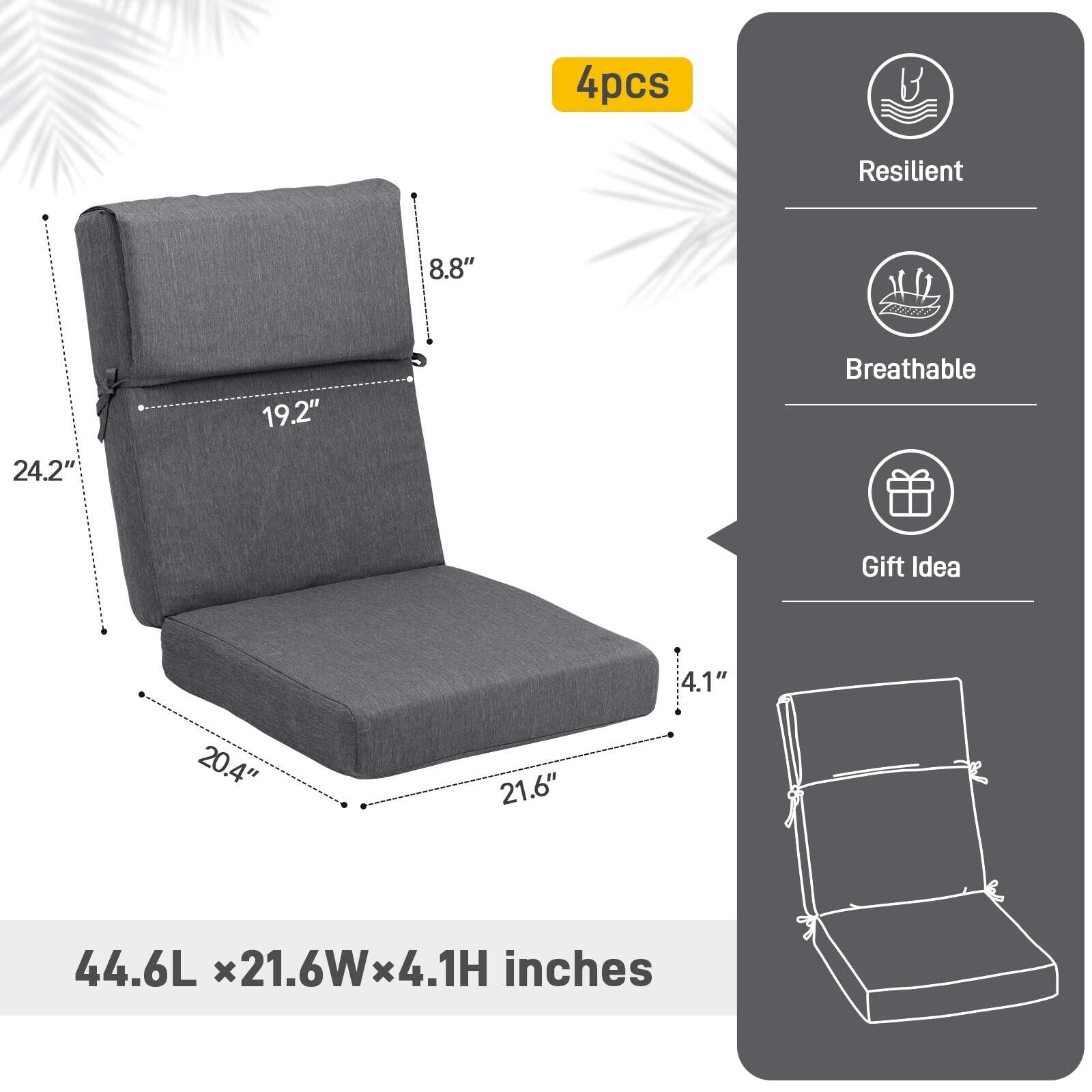 Lot de 4 coussins de chaise à dossier haut Aoodor Patio, 46 ​​x 21 x 4 pouces (coussins uniquement)