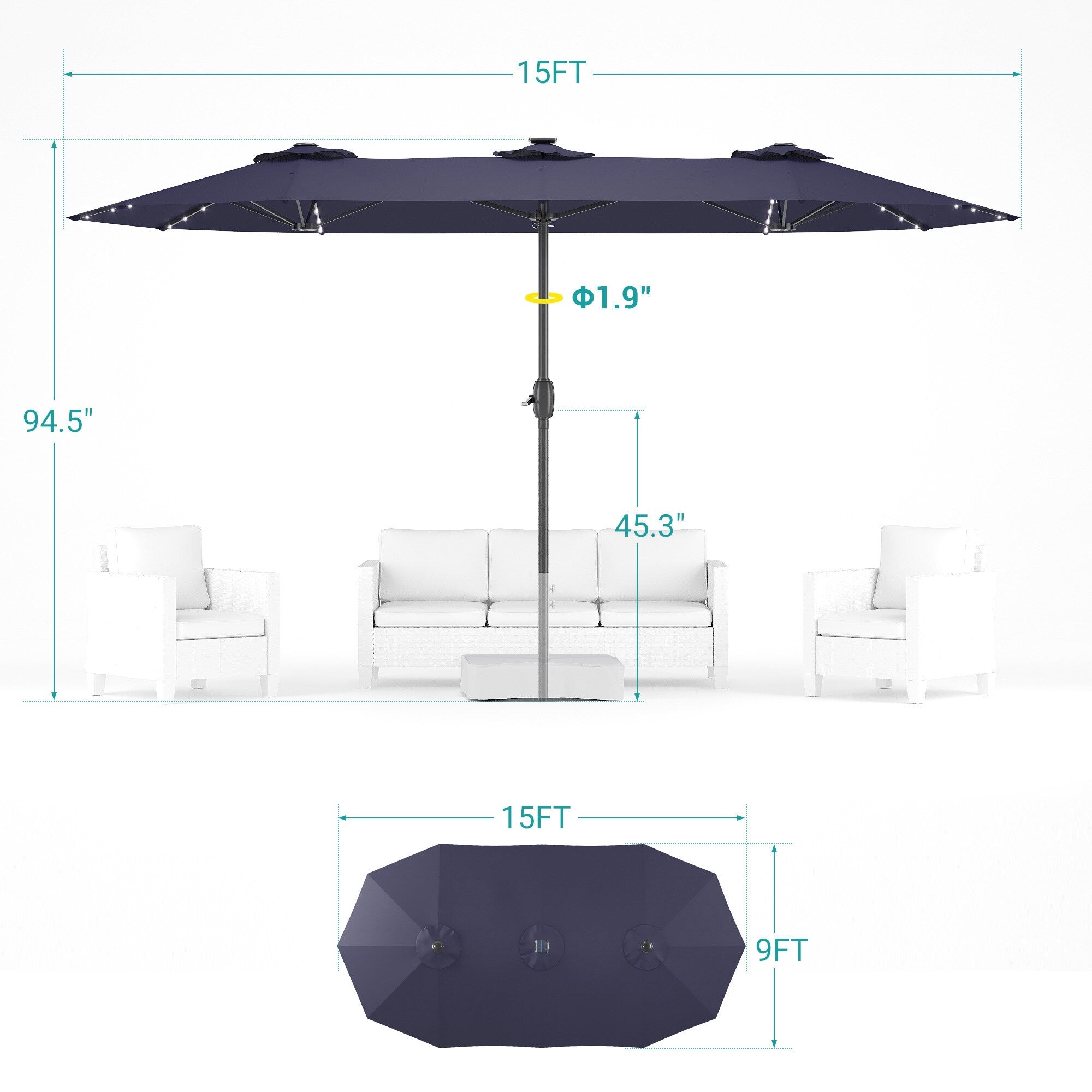 Parasol de terrasse double face à LED BONOSUKI 15x9 pieds, grand auvent en aluminium