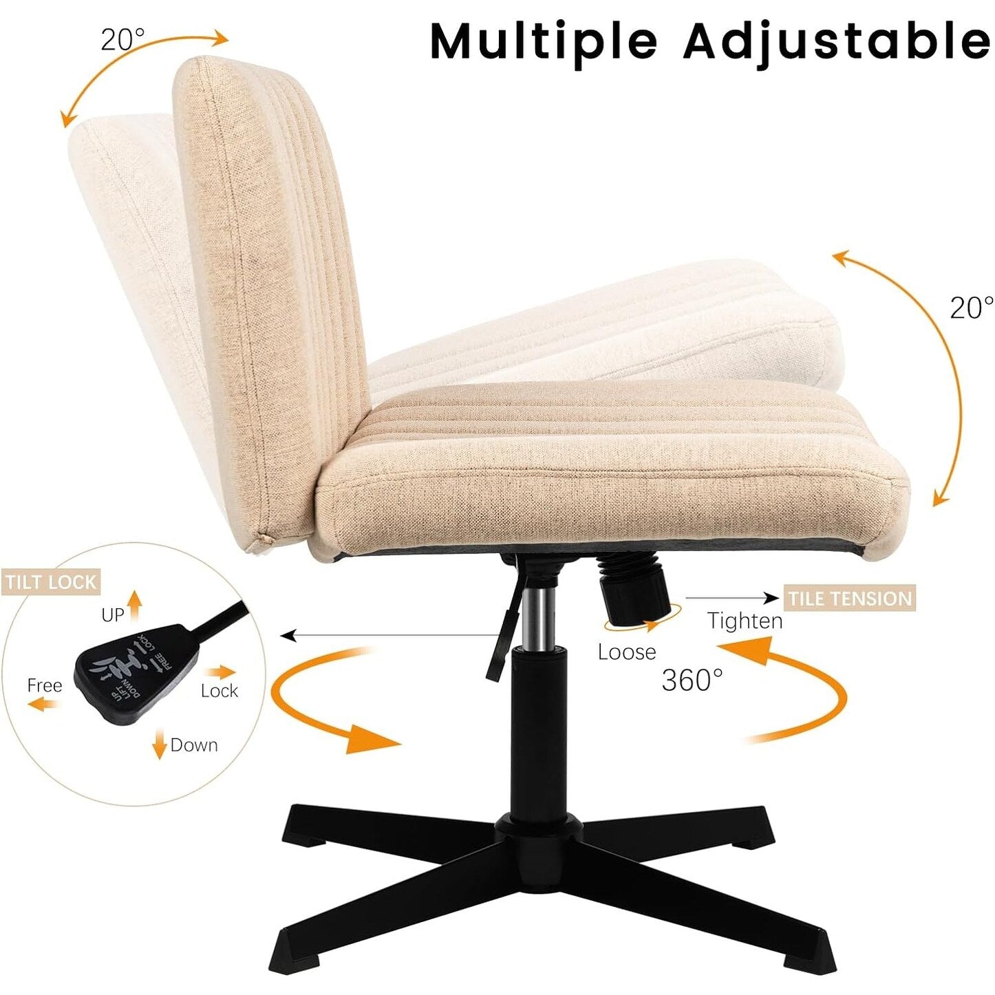Chaise de bureau BOSSIN Criss Cross sans accoudoirs, sans roulettes, chaise de vanité pivotante moderne rembourrée en tissu