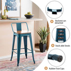 Lot de 4 tabourets de bar industriels en métal avec dossier et assise en bois