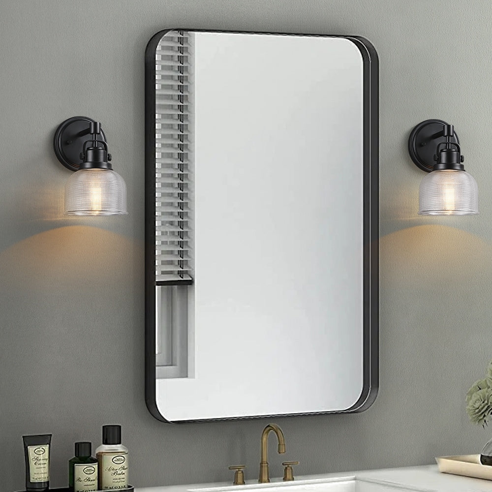 Applique murale de salle de bain noire avec abat-jour en verre prismatique transparent