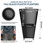 Grands pots de fleurs ronds en plastique noir pour intérieur et extérieur, lot de 2