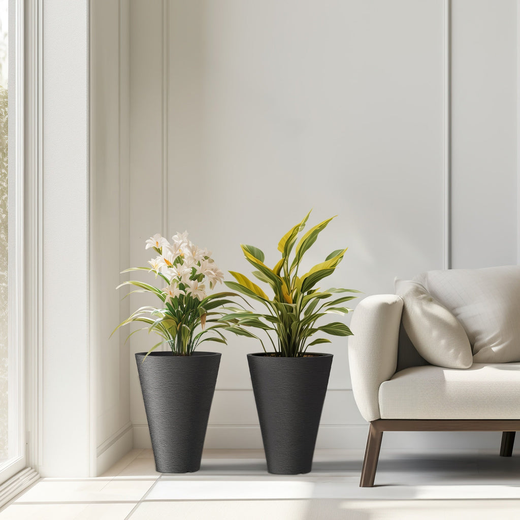 Grands pots de fleurs ronds en plastique noir pour intérieur et extérieur, lot de 2