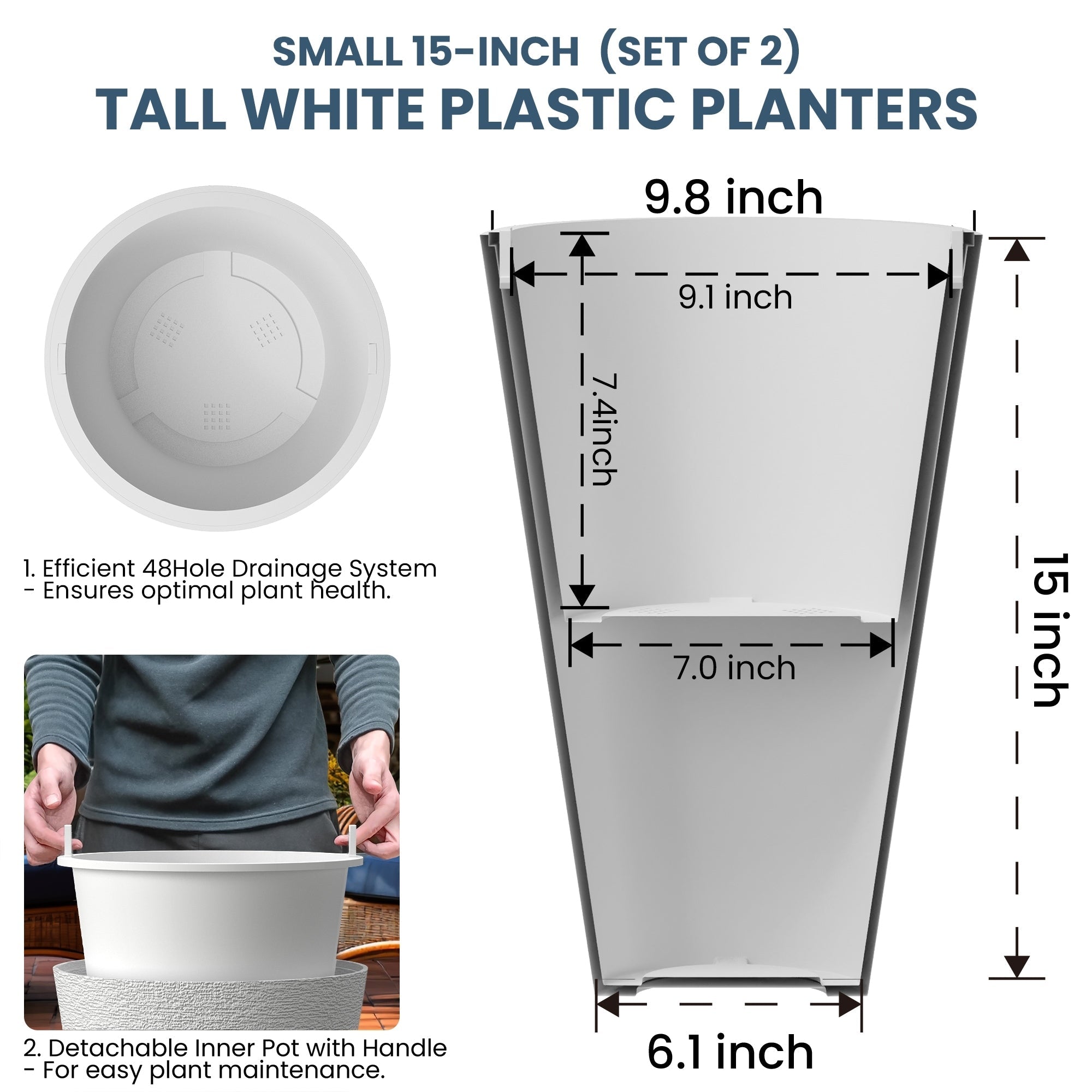 Grands pots de fleurs ronds en plastique noir pour intérieur et extérieur, lot de 2