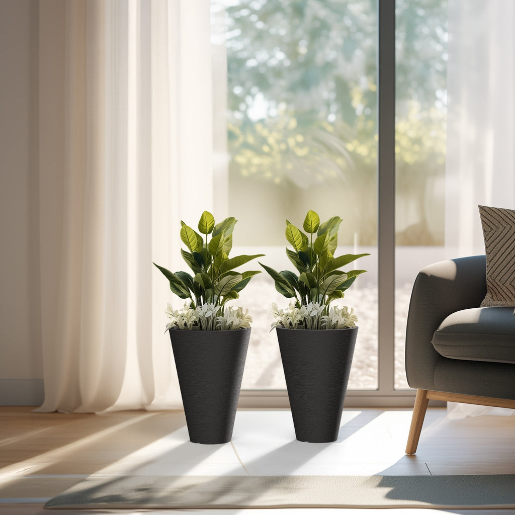 Grands pots de fleurs ronds en plastique noir pour intérieur et extérieur, lot de 2