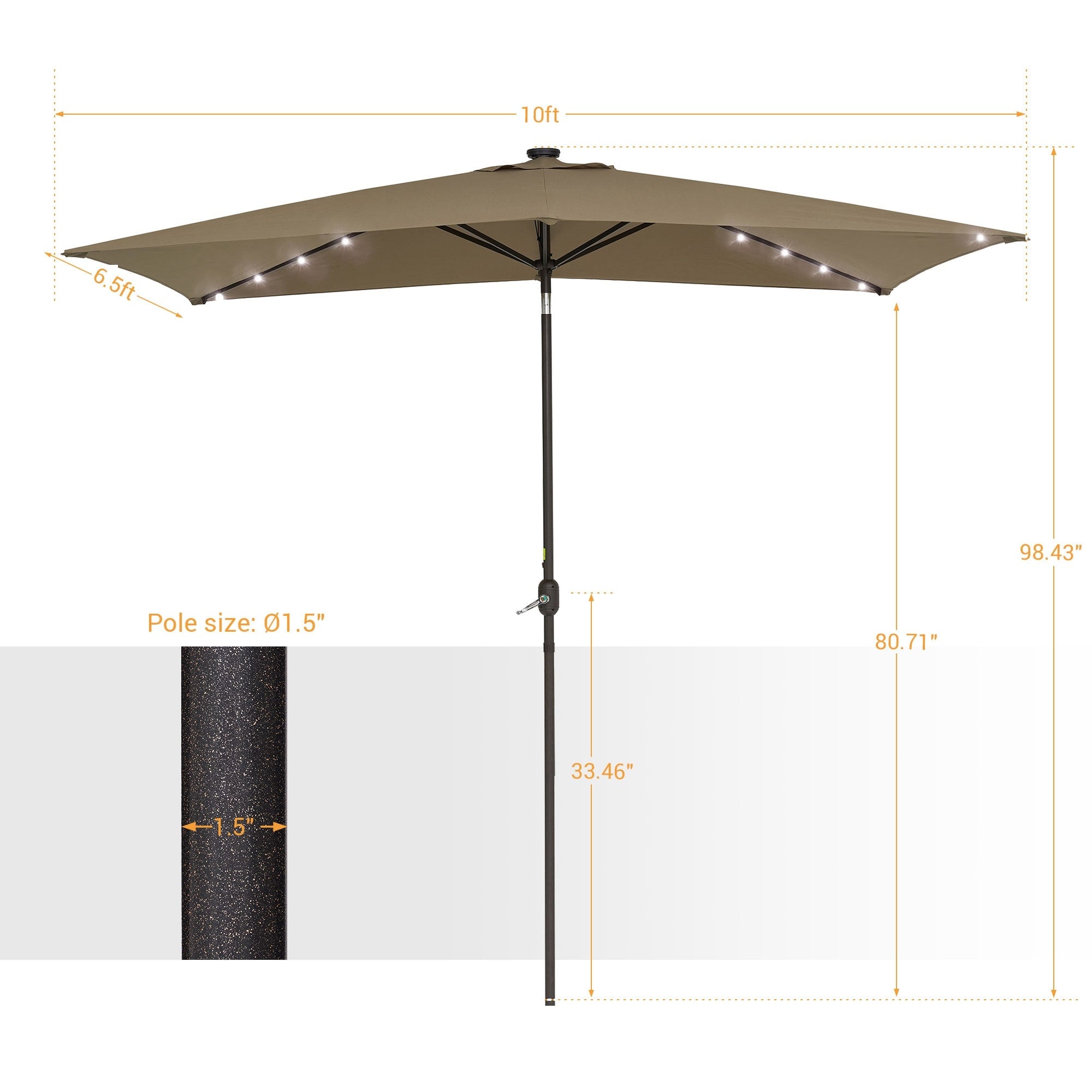 Bonosuki Parasol rectangulaire à LED 10 x 6,5 pieds pour patio, extérieur, marché, aluminium/acier, avec inclinaison et manivelle