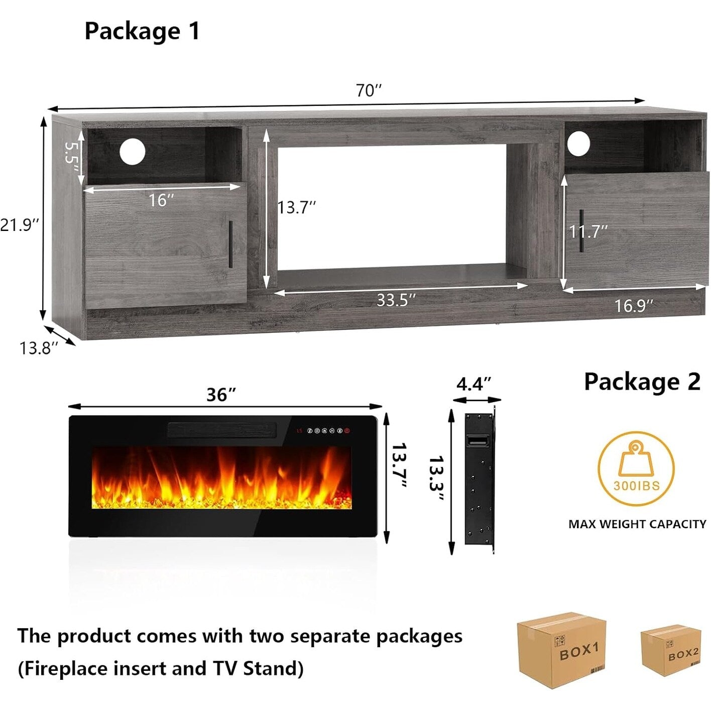 Meuble TV Bossin 70 avec cheminée électrique de 36 pouces, meuble TV pour téléviseurs jusqu'à 80 pouces, éclairage LED 16 couleurs/centre de divertissement