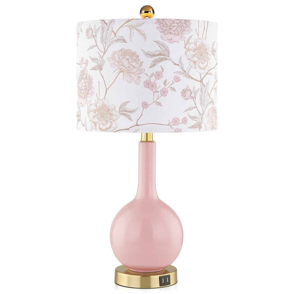 Lampe de table en céramique rose avec variateur tactile à 3 positions et deux ports de charge USB - 12'' x 12'' x 24'' (L x l x H)