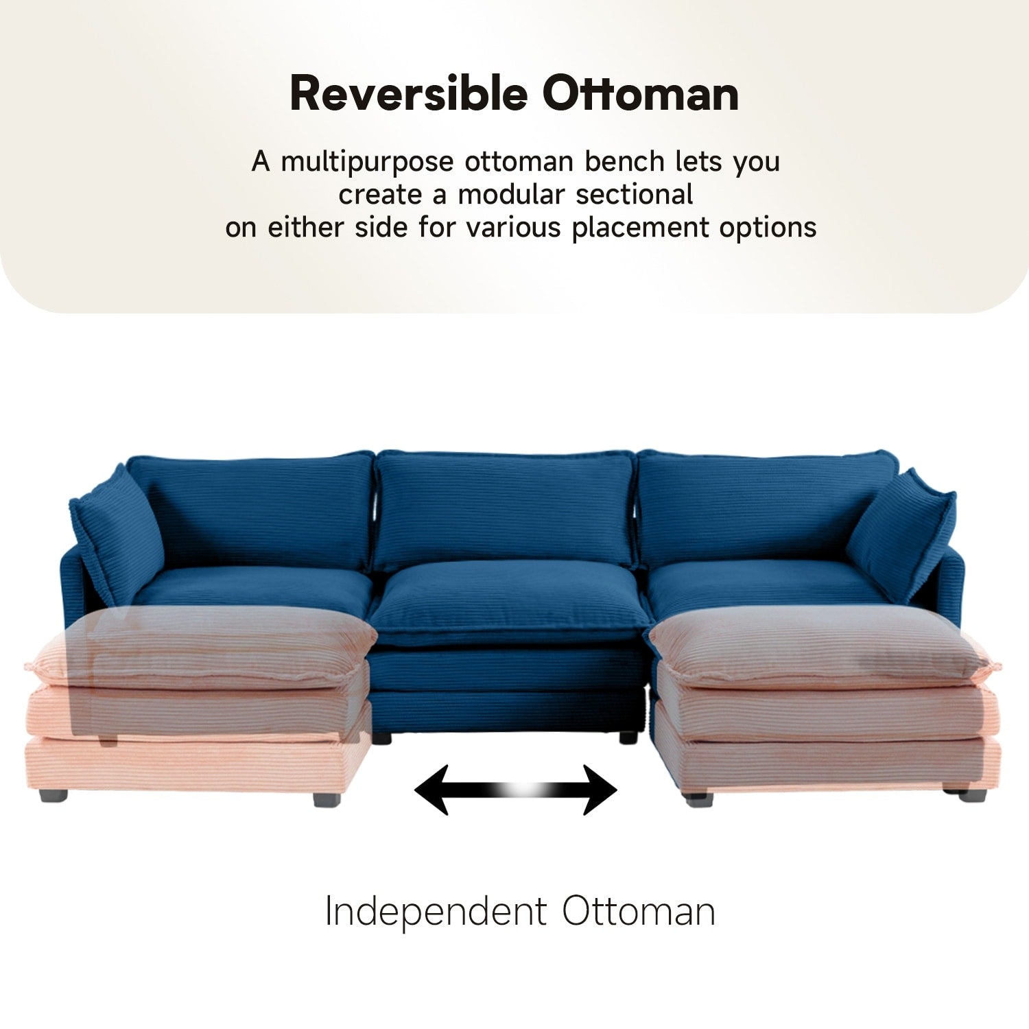 Canapé sectionnel en velours côtelé avec poufs amovibles et coussins ultra-doux pour salon et chambre