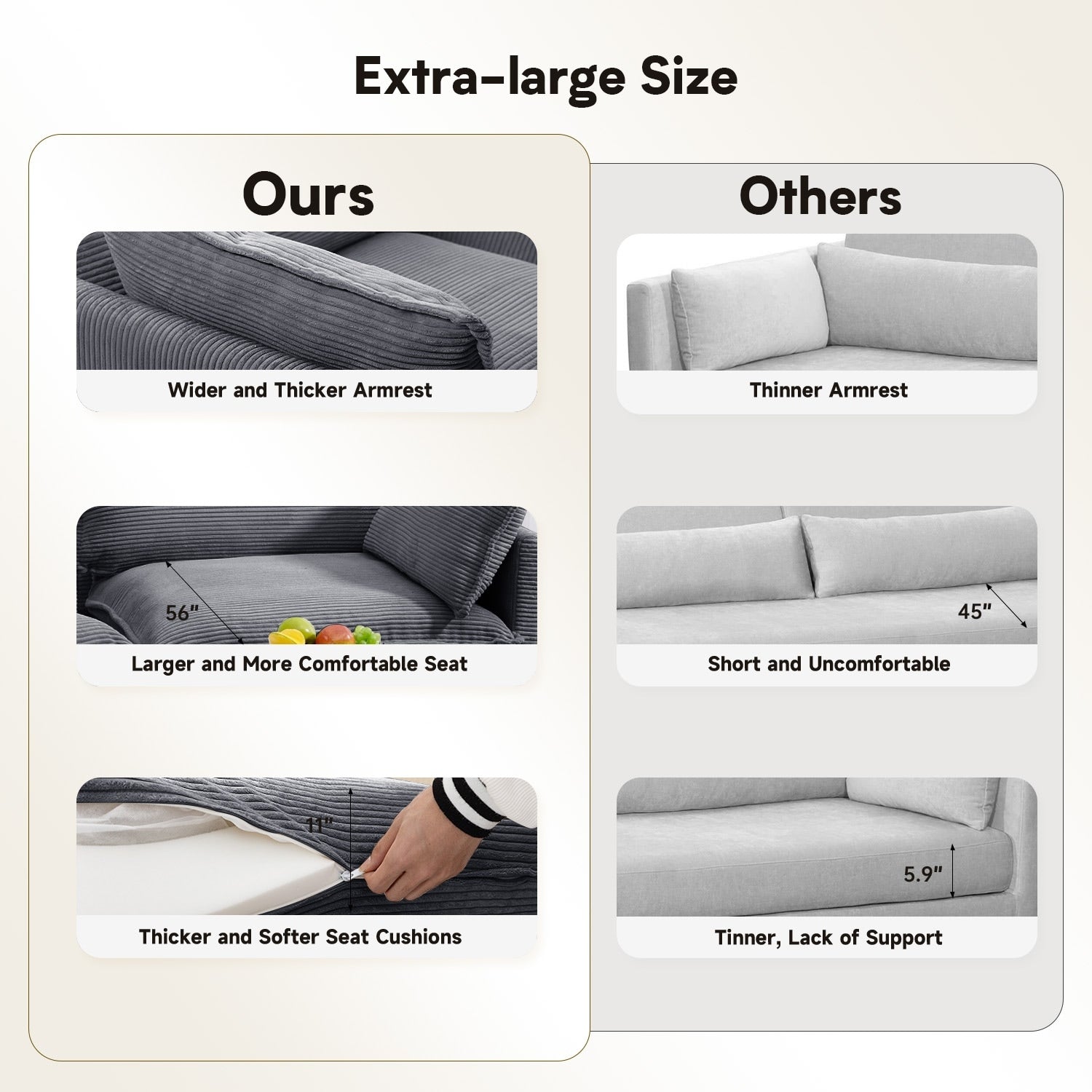 Canapé sectionnel en velours côtelé avec poufs amovibles et coussins ultra-doux pour salon et chambre