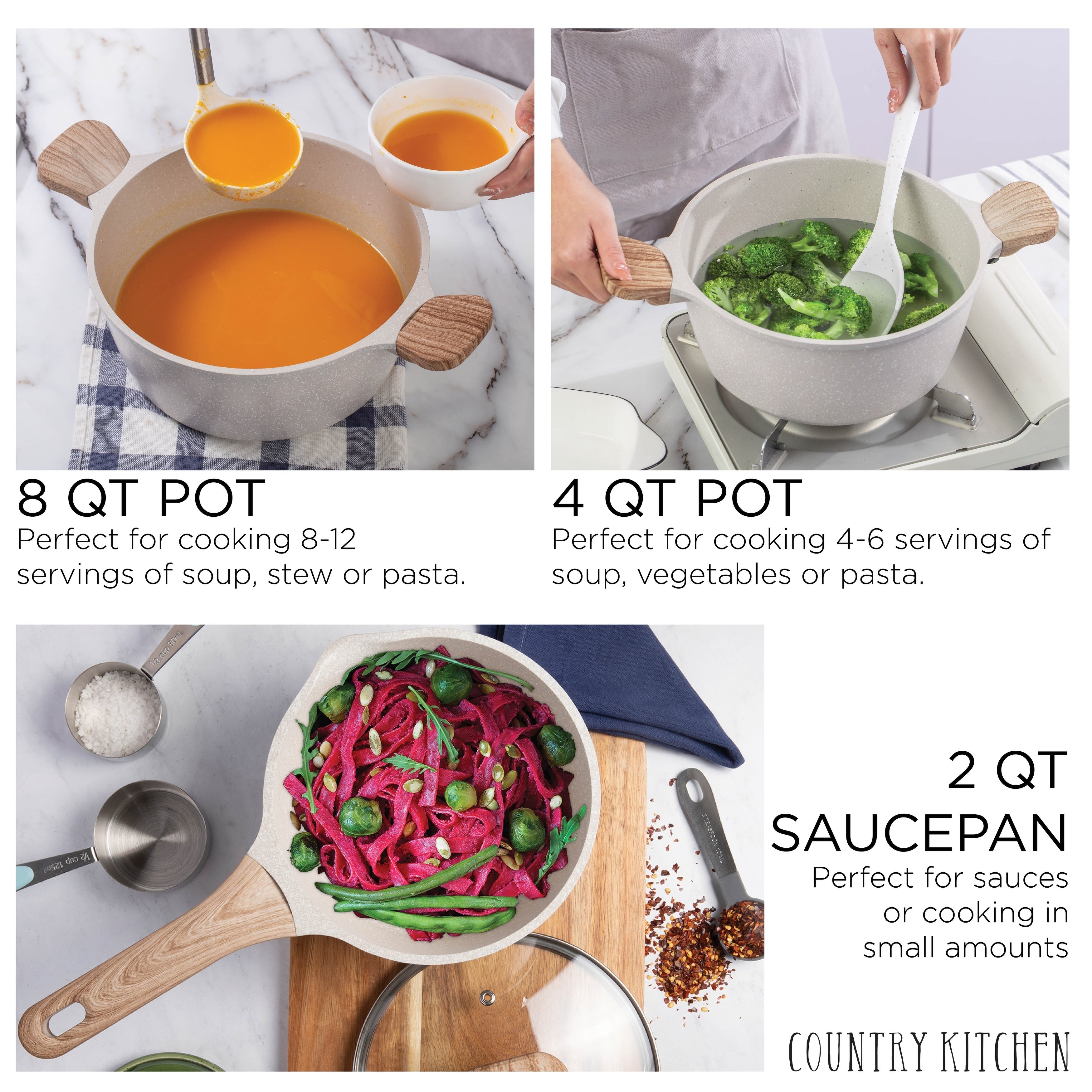 Batterie de cuisine antiadhésive en fonte d'aluminium Country Kitchen - Batterie de cuisine durable pour la cuisine quotidienne, 6 à 11 pièces