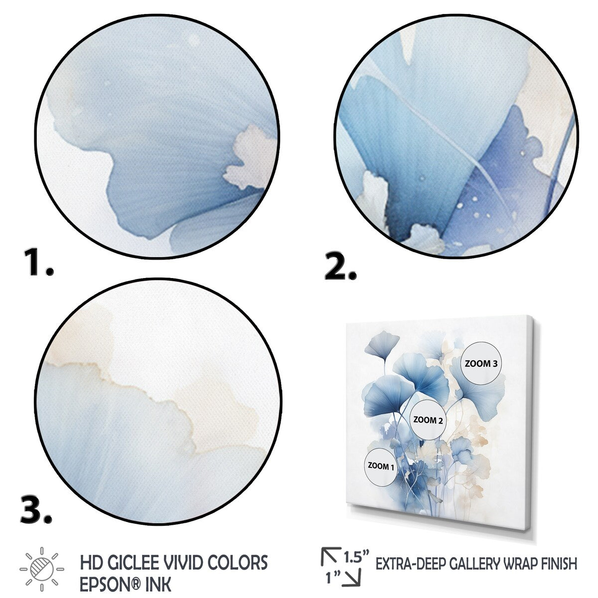 Designart Délicates feuilles de ginko bleu sur feuilles aquarelles blanches Art mural encadré Salon