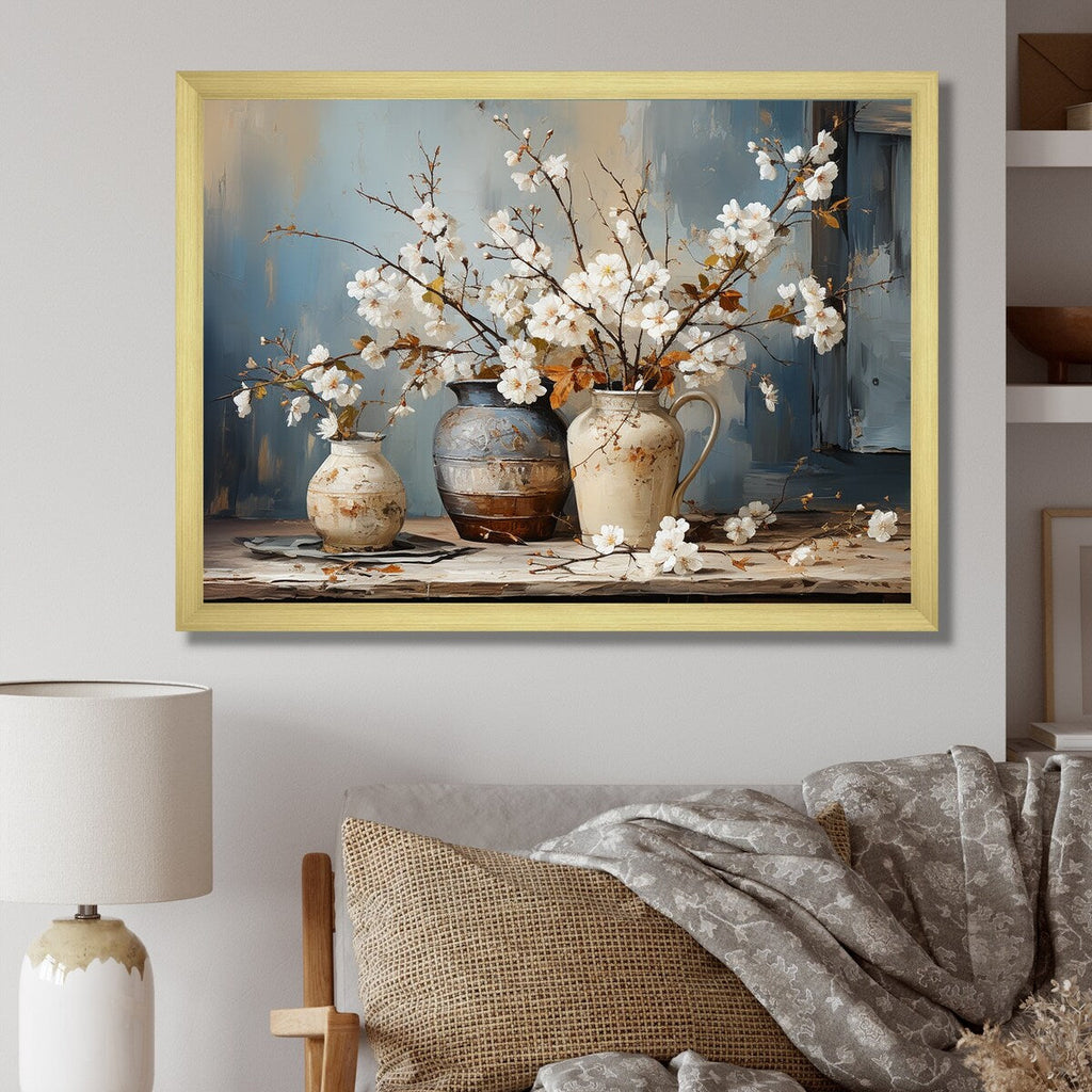 Impression sur toile encadrée Designart, nature morte avec poterie et fleurs, paysage et arbres