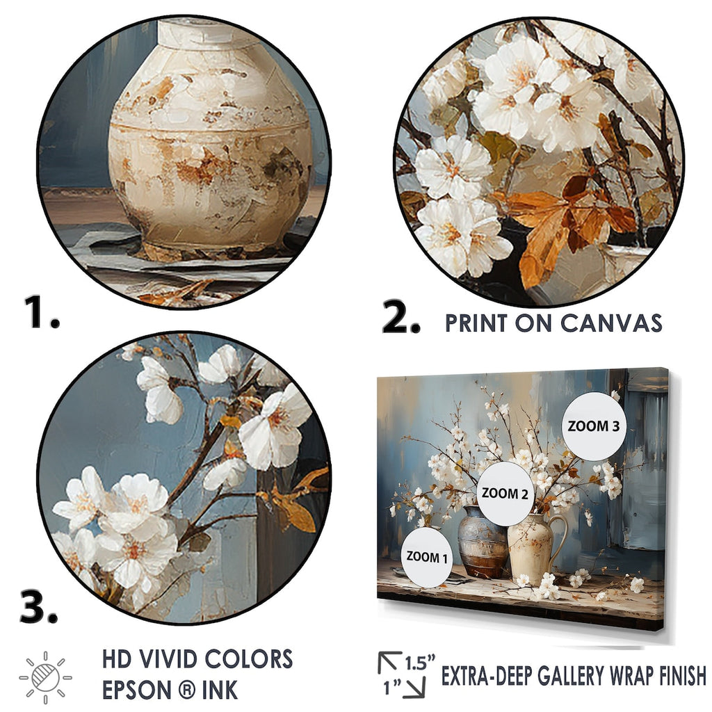 Impression sur toile encadrée Designart, nature morte avec poterie et fleurs, paysage et arbres