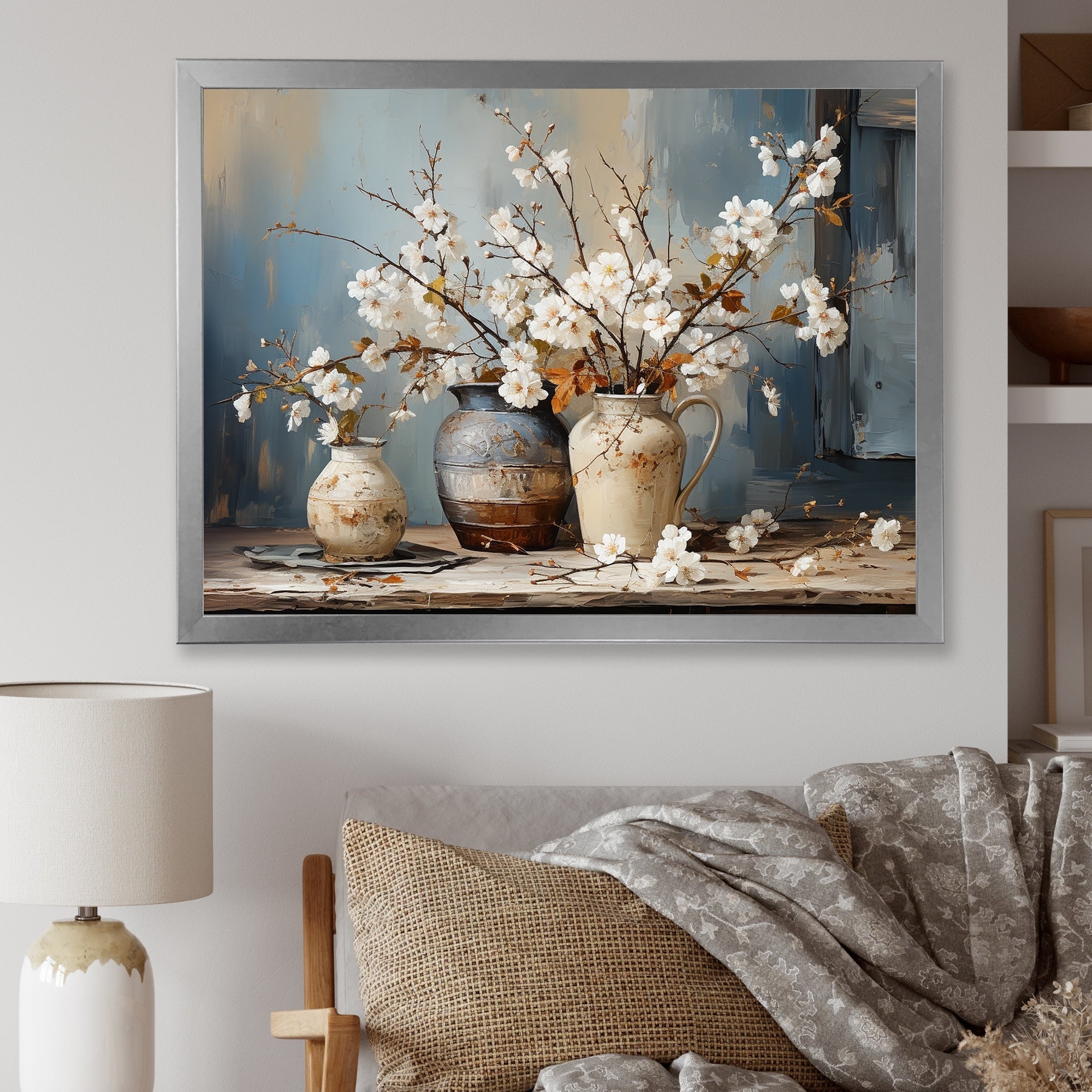 Impression sur toile encadrée Designart, nature morte avec poterie et fleurs, paysage et arbres