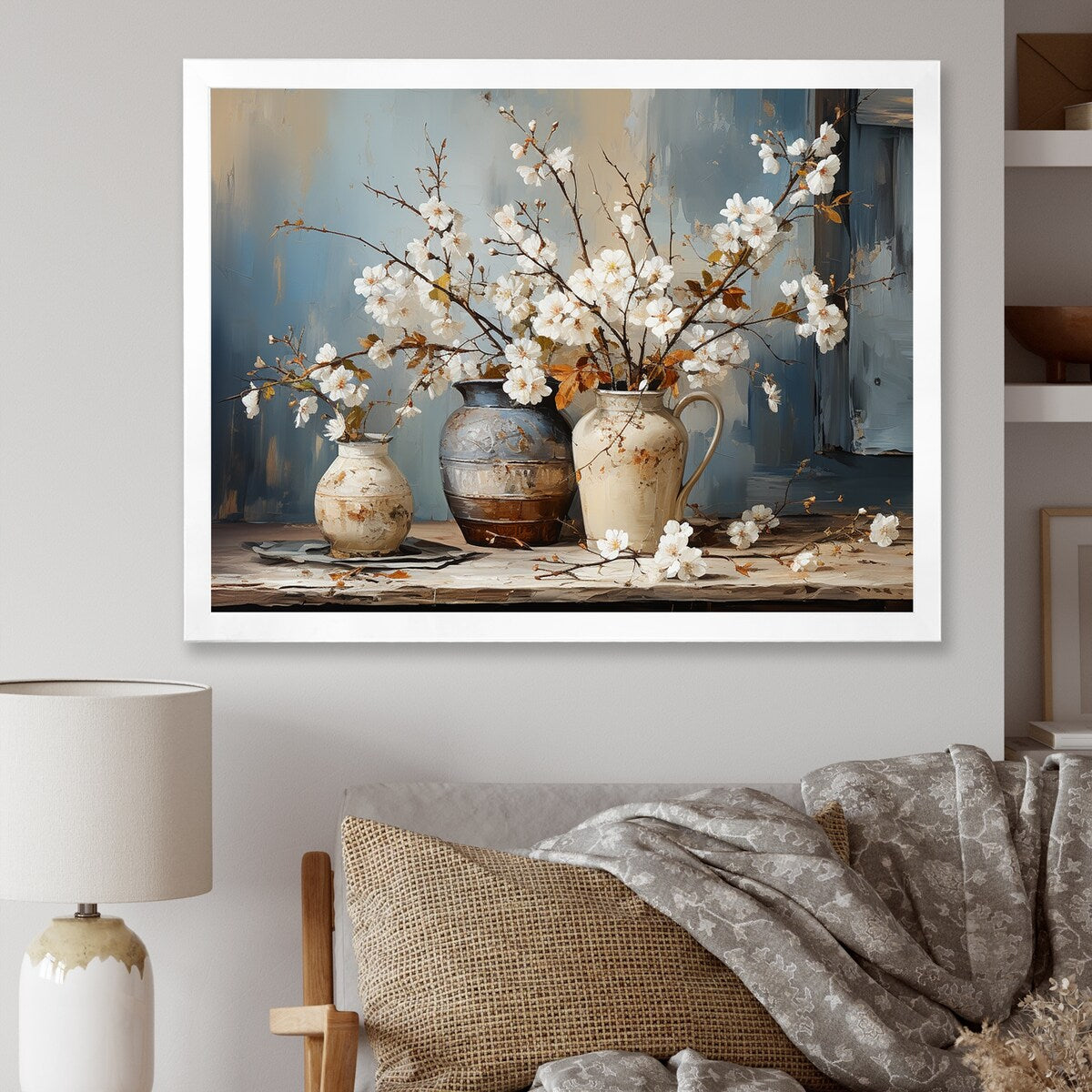 Impression sur toile encadrée Designart, nature morte avec poterie et fleurs, paysage et arbres