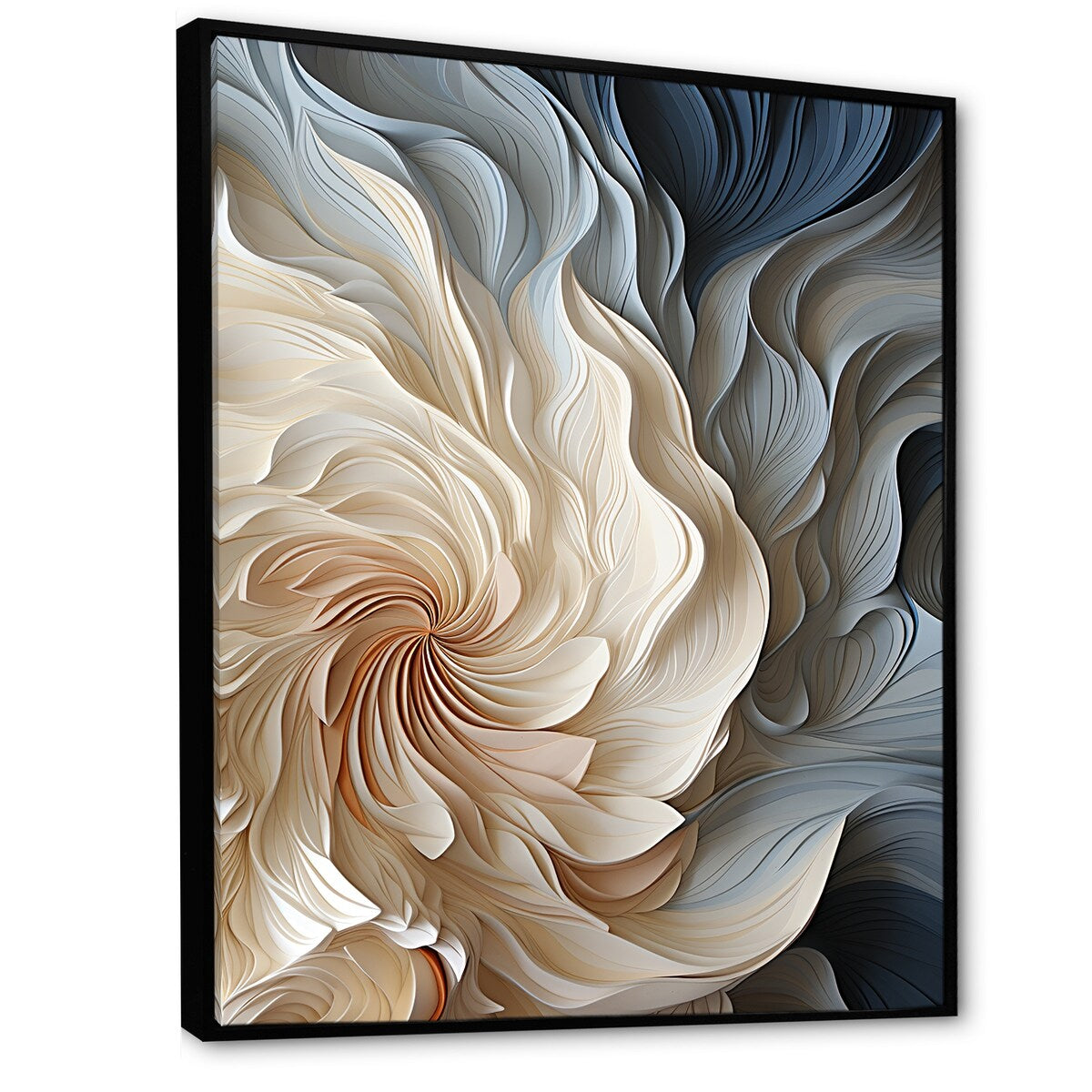 Décoration murale abstraite géométrique bleue en spirale de plumes blanches et bleues Designart II - Art mural encadré pour entrée moderne