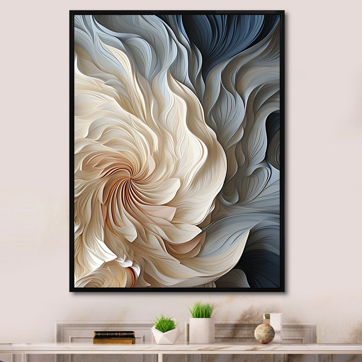 Décoration murale abstraite géométrique bleue en spirale de plumes blanches et bleues Designart II - Art mural encadré pour entrée moderne