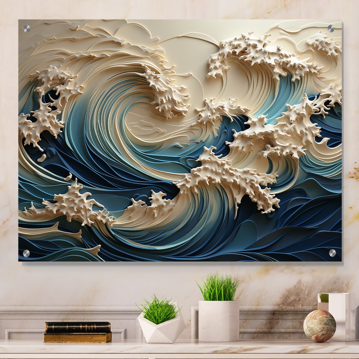 Décoration murale brillante Designart en papier découpé motif vagues blanches et bleues style III - Décoration murale en acrylique pour chambre à coucher