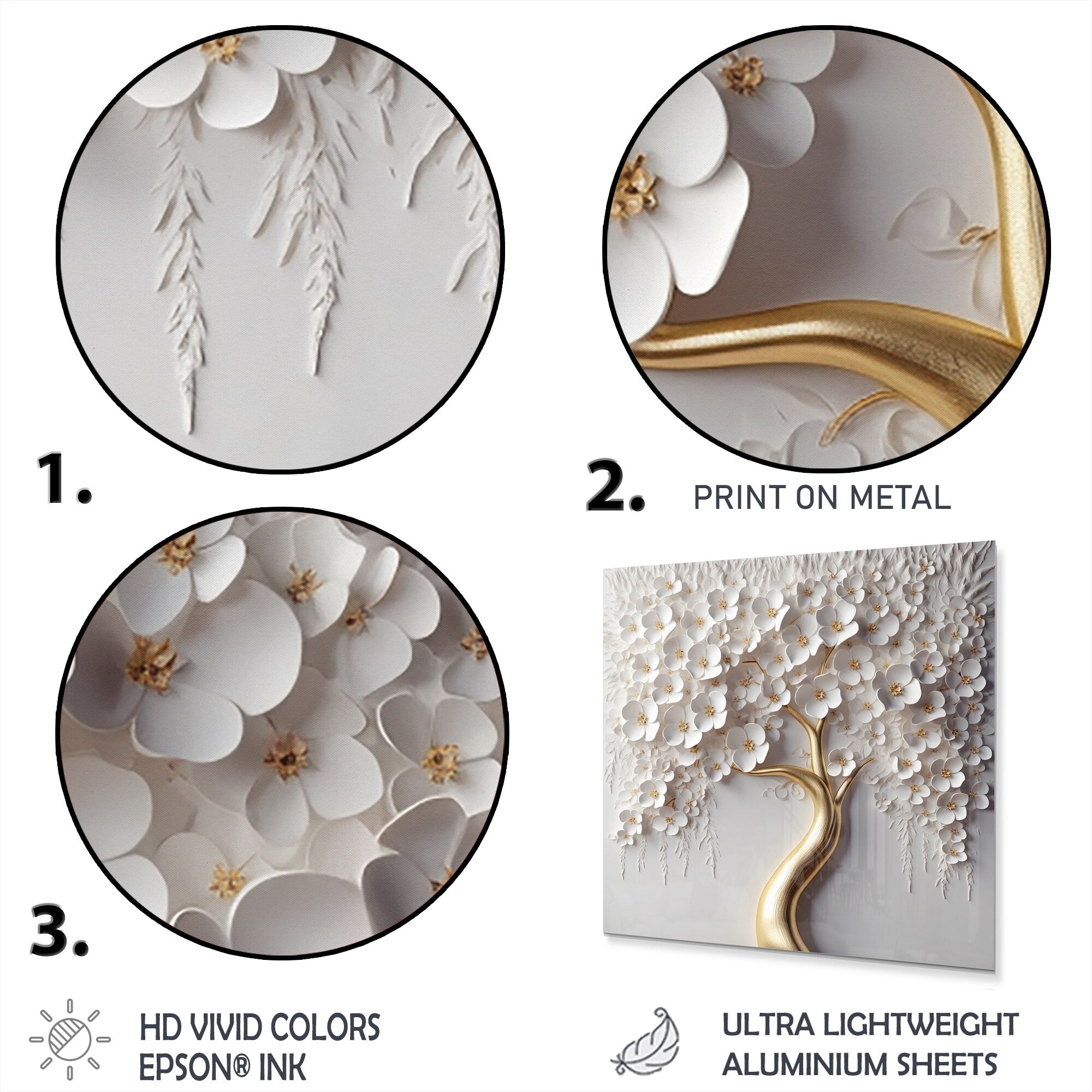 Impression murale ronde en métal Motif orchidée blanche, jardin de branches VIII