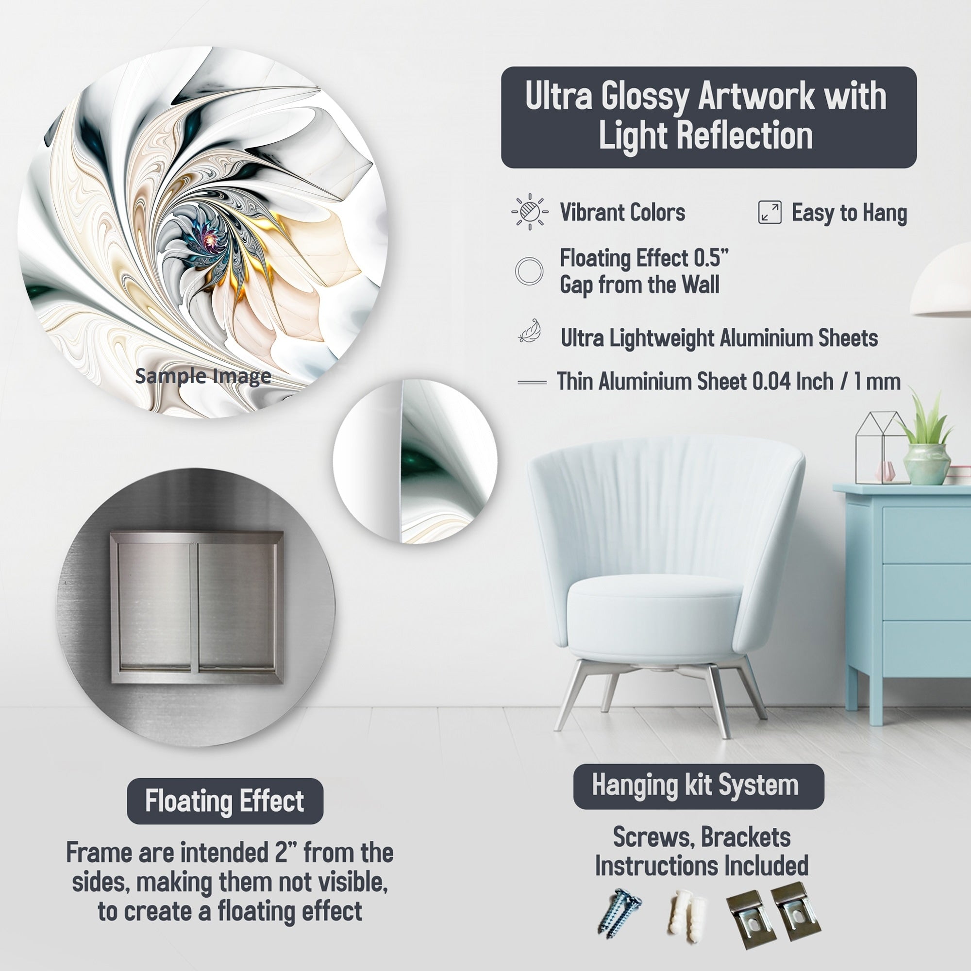 Impression murale ronde en métal Motif orchidée blanche, jardin de branches VIII