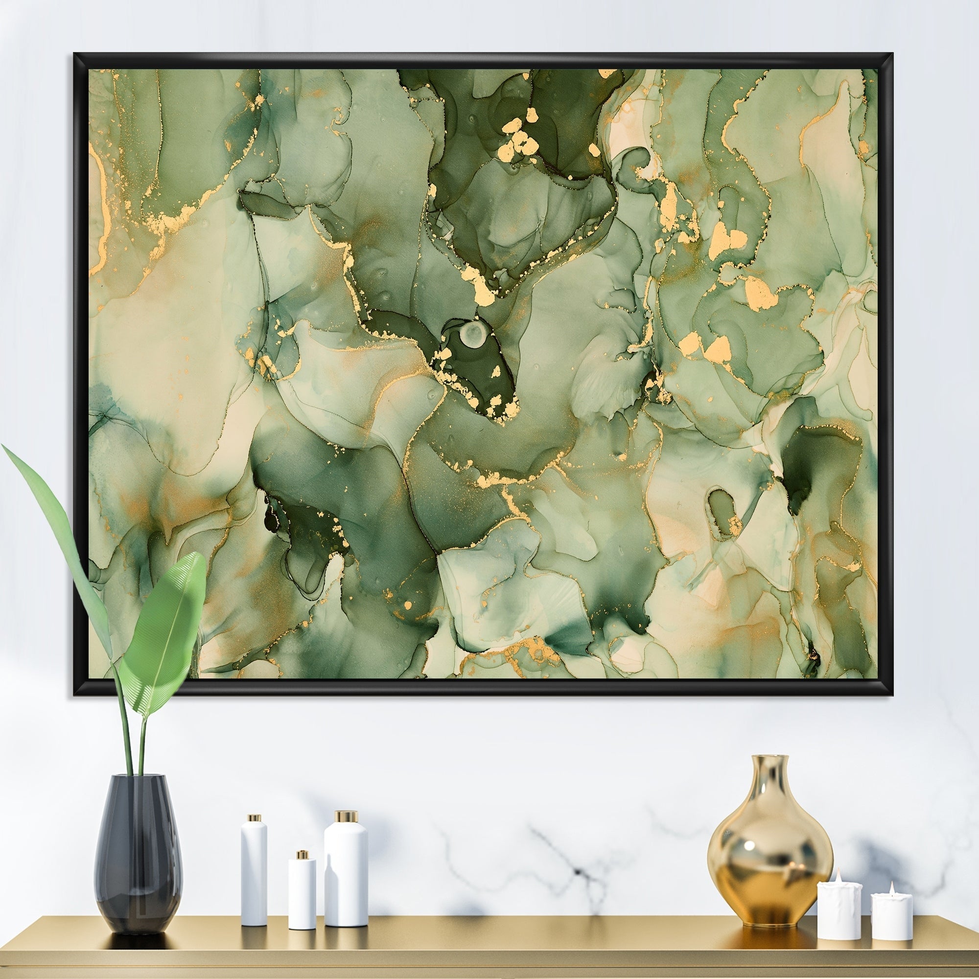 Impression sur toile encadrée moderne Designart Green Luxury Abstract Fluid Art I