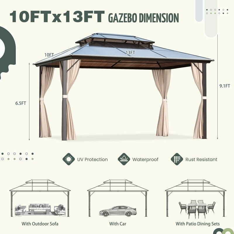 Gazebo à toit rigide EROMMY, pergola d'extérieur avec double toit, filet et rideaux, auvent robuste pour patio, arrière-cour, fête au bord de la piscine
