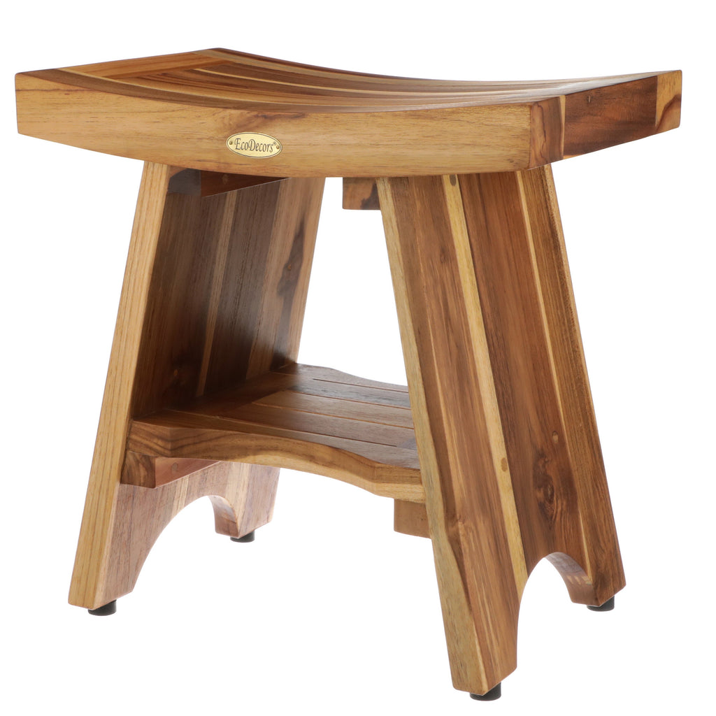 EcoDecors, Serenity, Banc de douche en teck, Tabouret de douche en teck, Banc de douche d'angle en teck, 45 cm, avec étagère