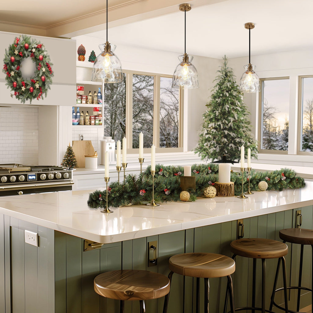 Suspension moderne du milieu du siècle Elisie à 1 ampoule en verre martelé avec dôme en cascade pour cuisine, îlot de cuisine, salle à manger