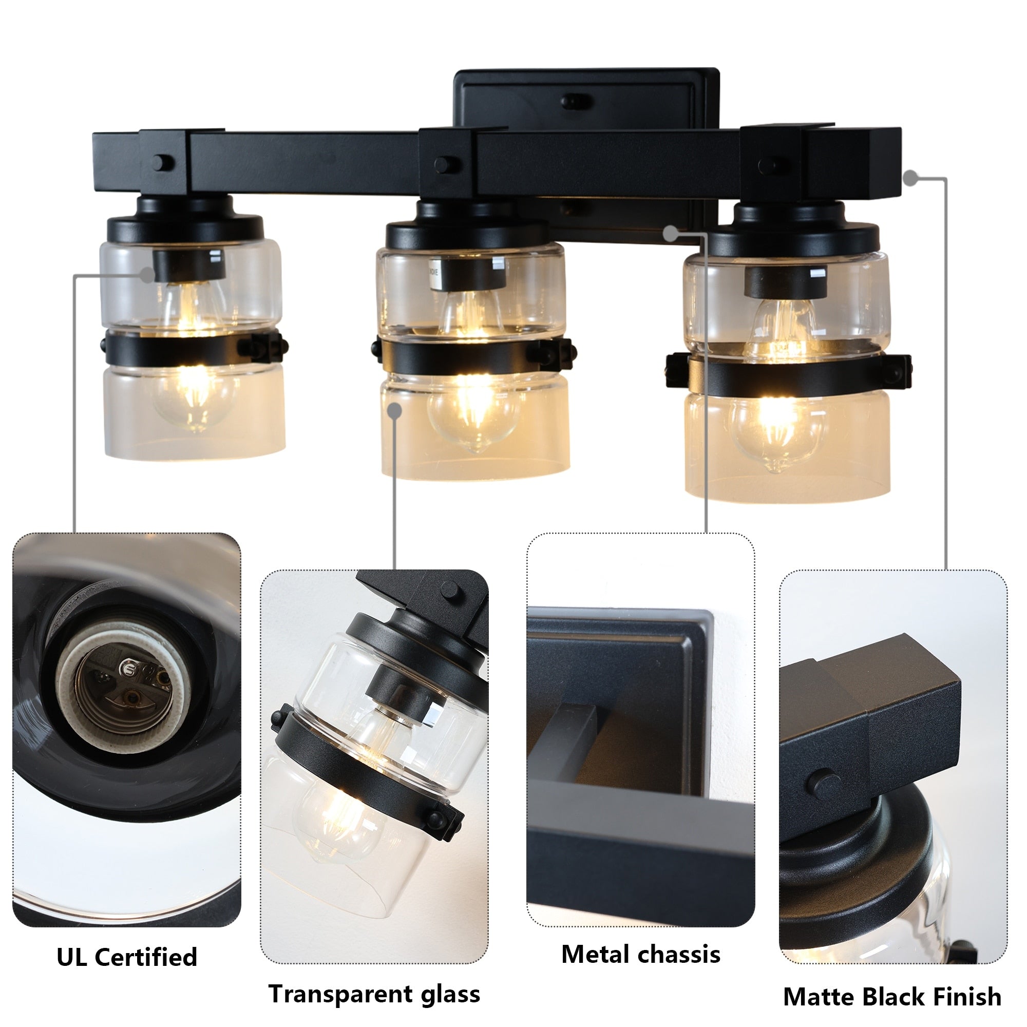 Applique murale de salle de bain ExBrite Farmhouse à 3 lumières, en fer noir à intensité variable